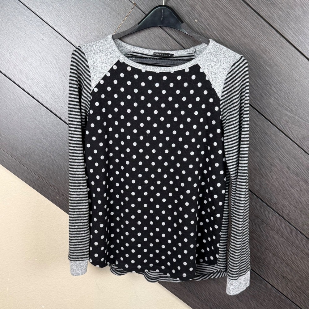 Staccato Women's Small Black Gray Polka Dot Striped Mixed Print Raglan Top